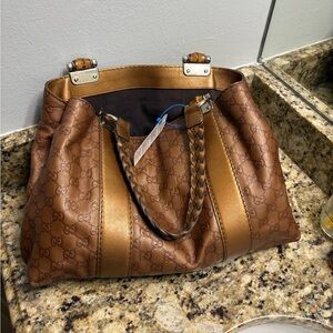 Vintage bamboo Gucci Gold and Brown Monogram Shoulder Bag